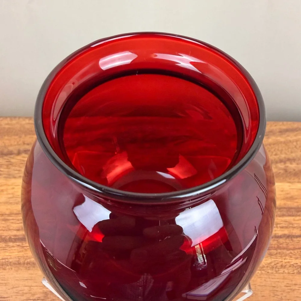 Anchor Hocking Ruby Red Glass Rose Bowl Etched Frosted Floral Vintage Vase 4.5in